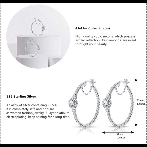 NWT 4A CZ Swarovski Sterling Silver Hoop Earrings - Picture 3 of 5